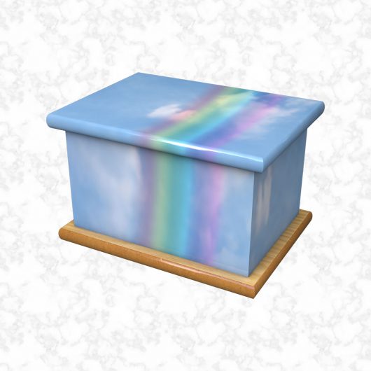 Rainbow on fluffy blue child ashes casket