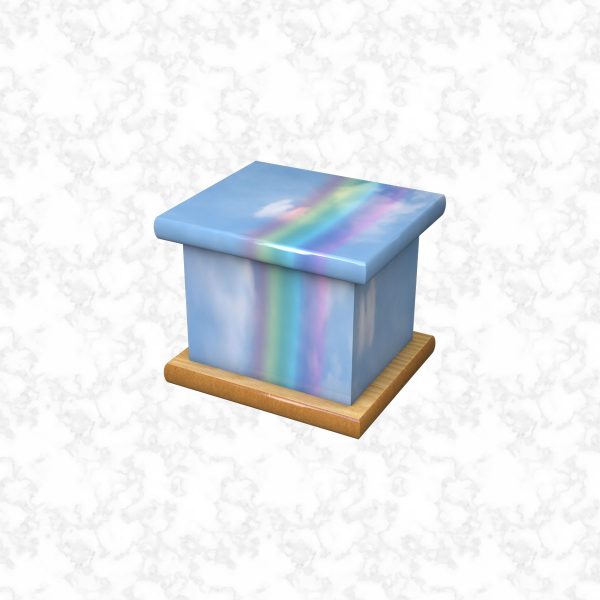 Rainbow on fluffy blue infant ashes casket