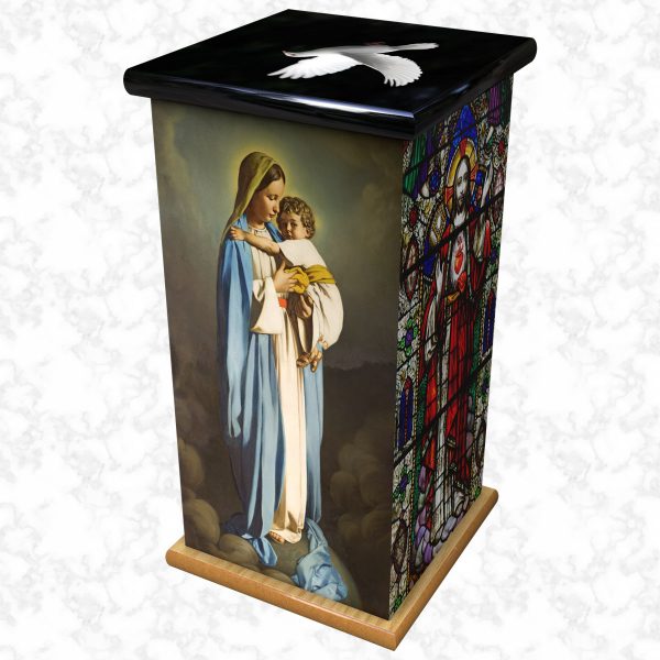 Mother Mary back view tall ashes casket