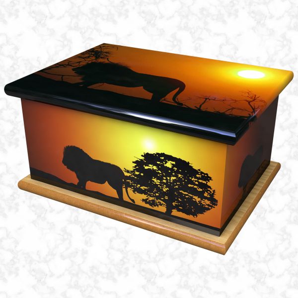 Lion at sunset ashes casket