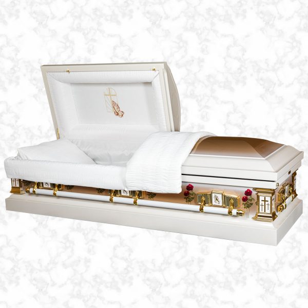 Devotion Gold and Roses metal American casket standard white interior