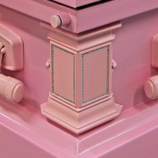 Crystals details over the corners of the Devotion Crystal Pink American casket