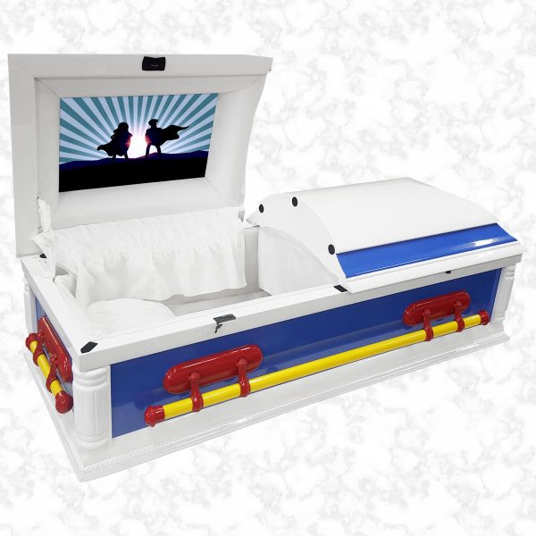 Purity Child Superhero american casket standard interior with bespoke lid picture