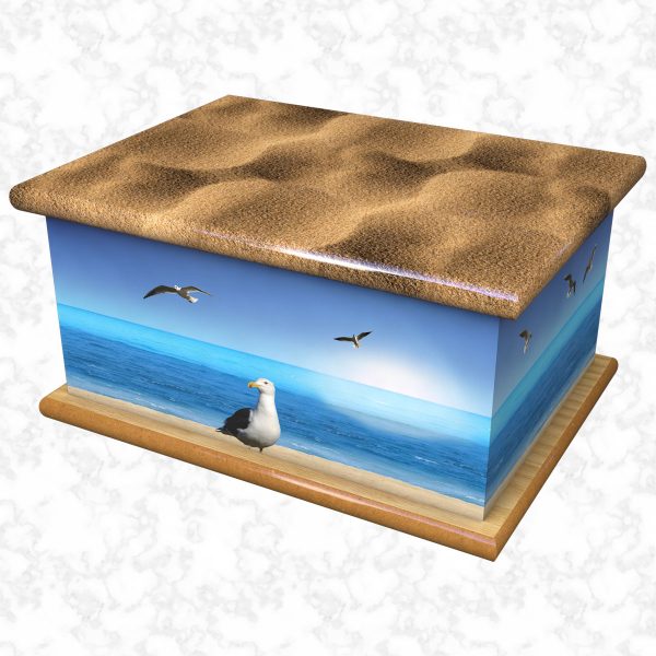 Seagulls and sand ashes casket