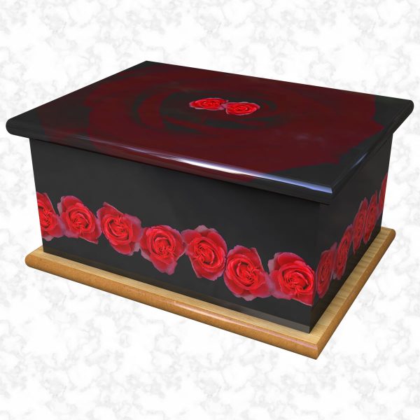 Red roses black ashes casket