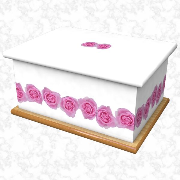 Pink roses white ashes casket