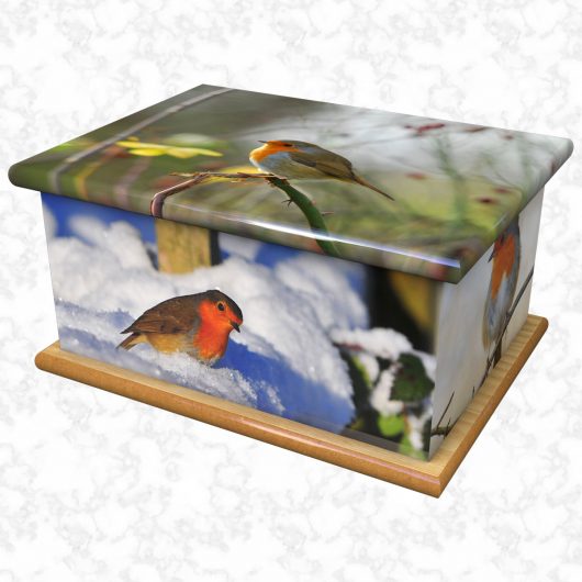 Snowy robin ashes casket