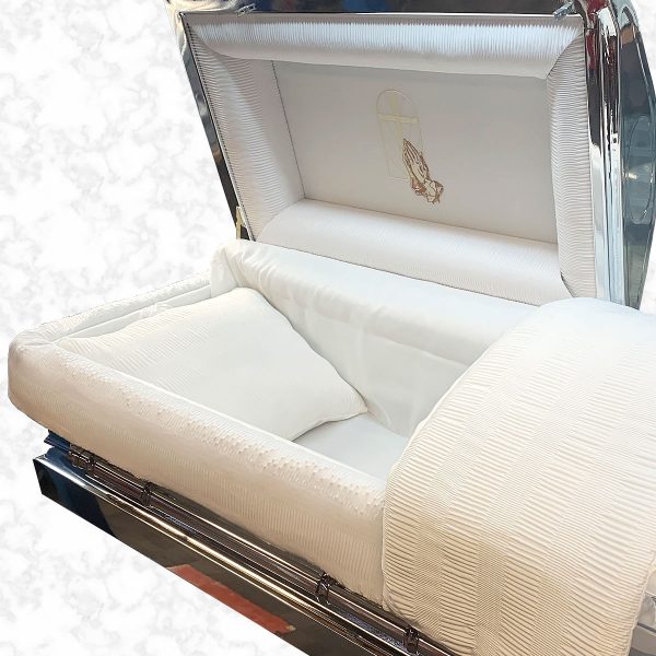 Chrome metal American casket standard white interior