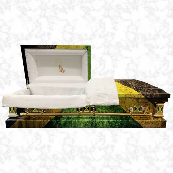 Devotion metal American casket Jamaican Flag standard interior