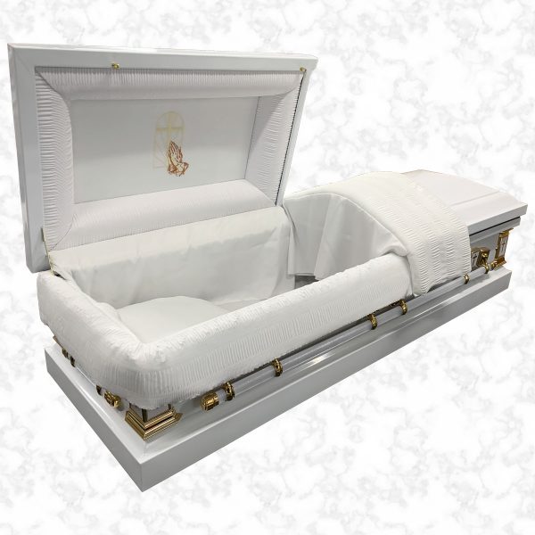 Devotion white and gold metal American casket standard white interior