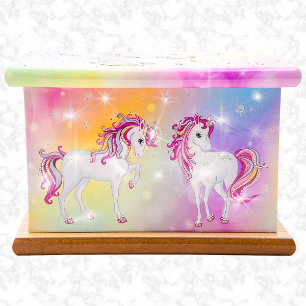 bespoke rainbow unicorns child ashes casket front detail