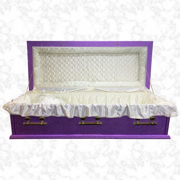 Oxford Glitter wooden American casket with standard interior shown in white