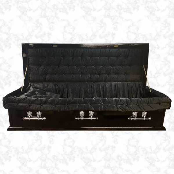 Royal black American casket interior