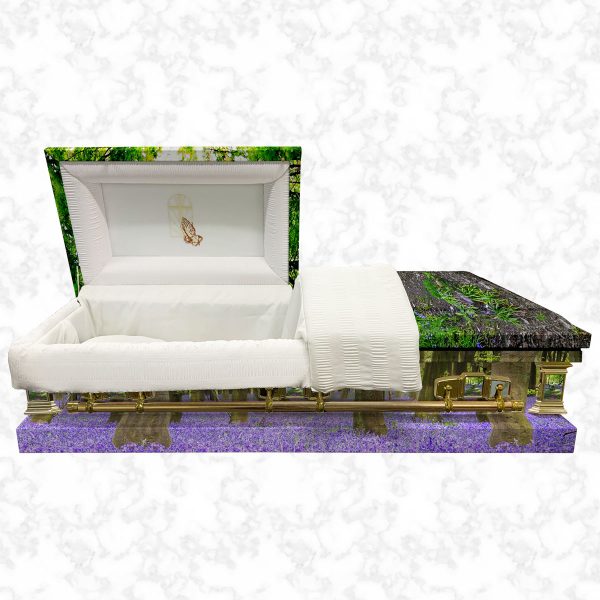 Devotion bluebell blanket metal American casket standard white interior